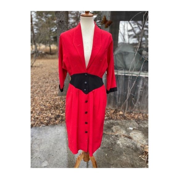 Vtg 80s Batwing A Line Dress Red Black Polkadot - Picture 4 of 16